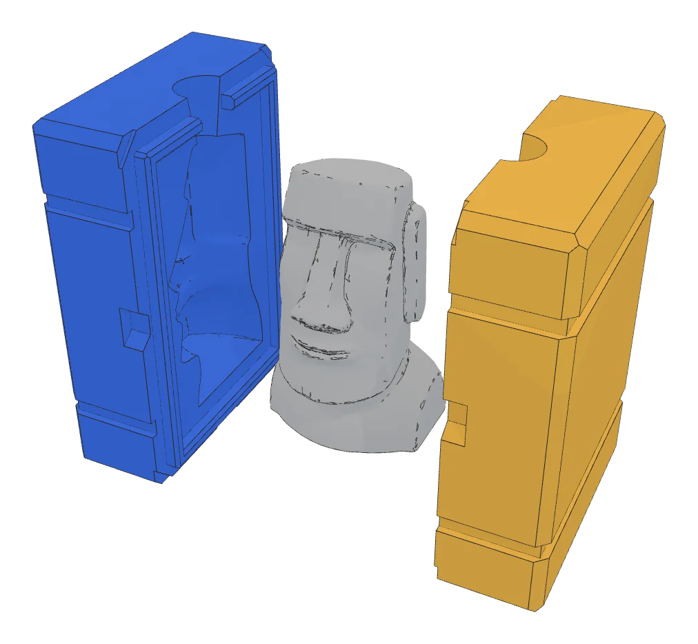 A finished two-part mold, split and ready to 3D print